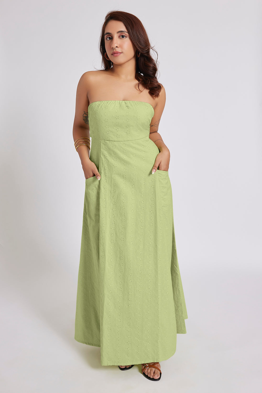 Georgia Eyelet Bandeau Maxi Dress Lime Green