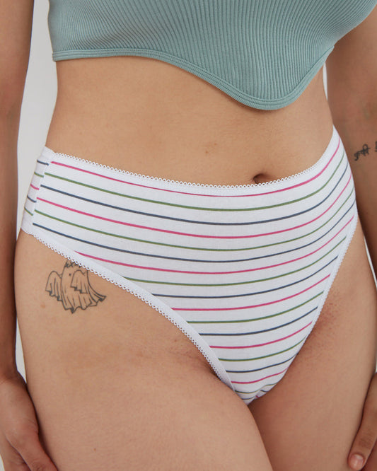 Stretch Cotton Striped High Waisted Thong